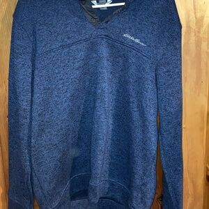 Men’s large Eddie Bauer pull over navy blue sweatshirt V-neck snap closed
